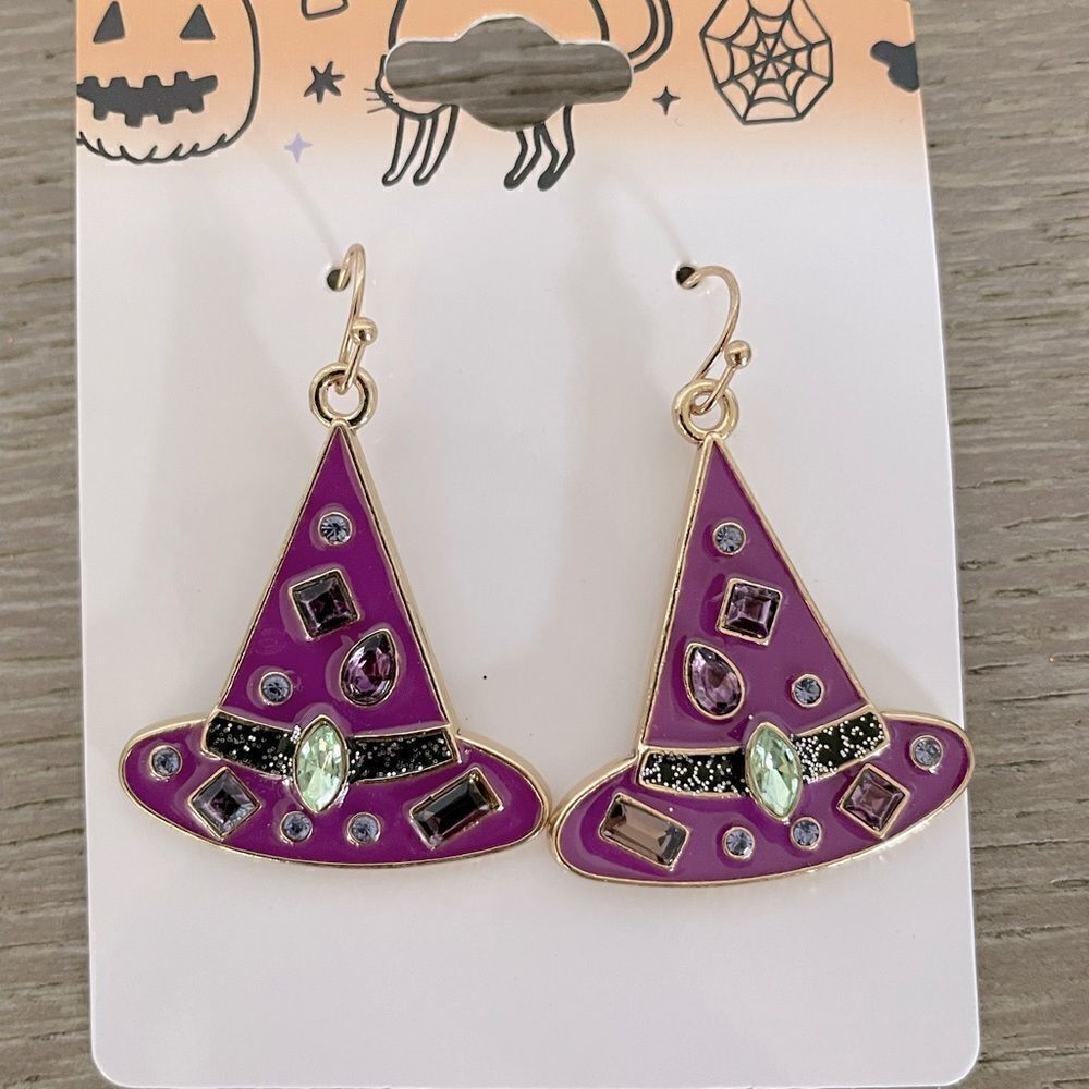 Halloween Witch Hat Purple Jewel Earrings